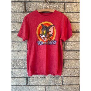 Tom & Jerry Red Graphic Tee Shirt Classic Cartoon Print Short Sleeve Soft Cotton